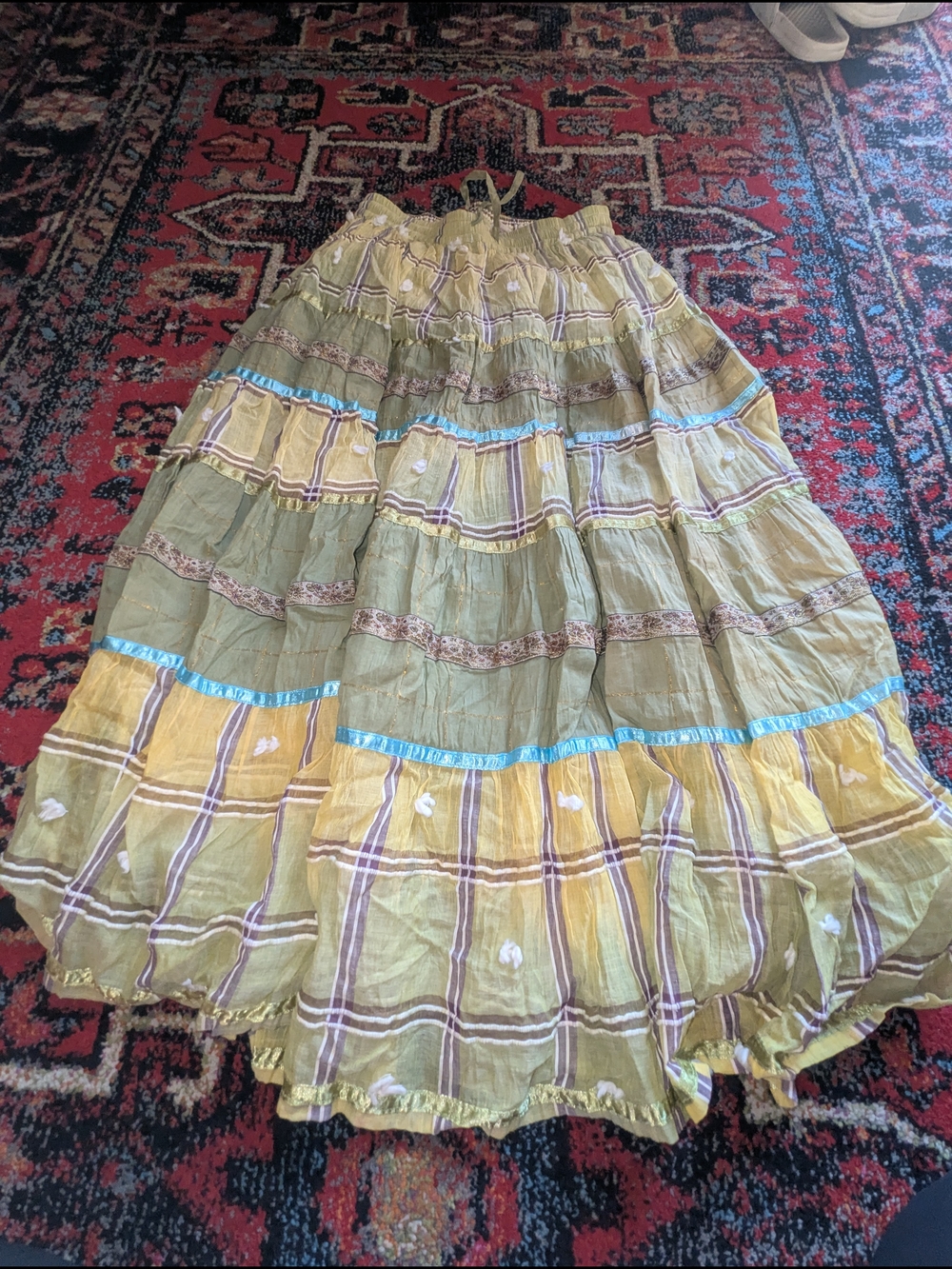 Tiered Bohemian Maxi Skirt in Olive Green and Mustard